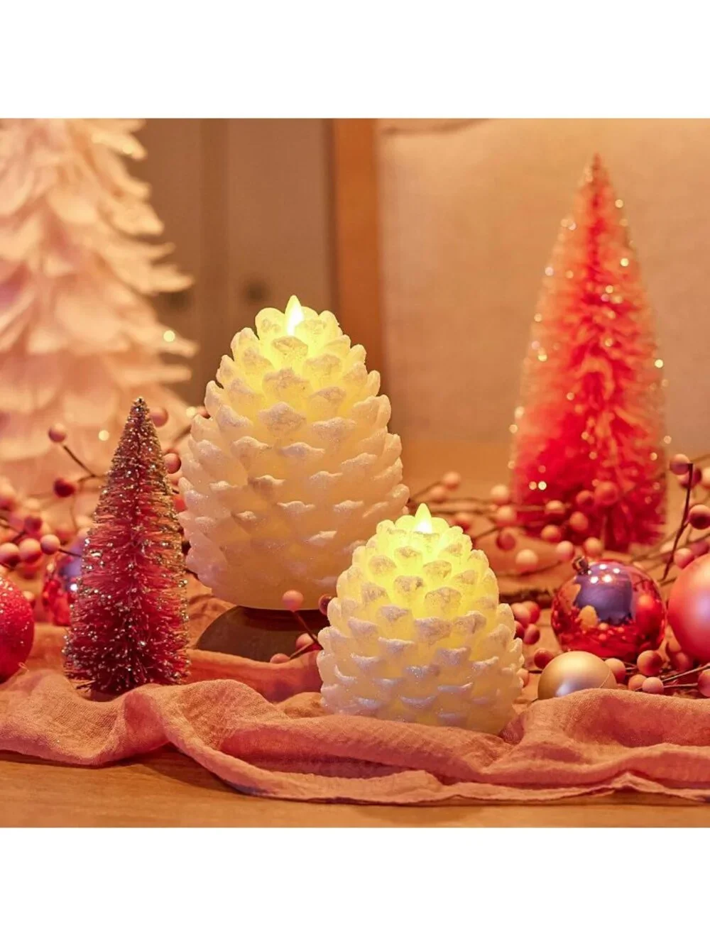 Flameless Pinecone Candle - White Glitter Finish, Real Wax, LED, Battery